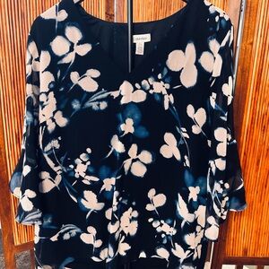Calvin Klein Women's Floral Top - Black, Blue and White Sheer SIZE XL